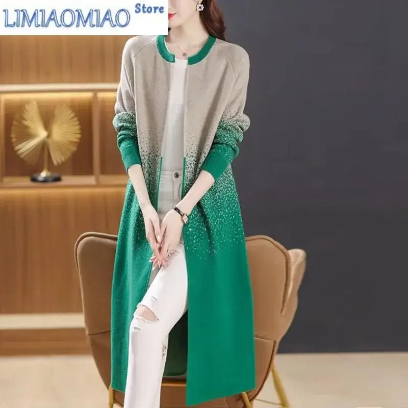 

New Long Woolen Sweater Autumn Knit Cardigan Women's Over Knee Sweater Jacket Women's VersatileOuterwear Shawl Color Matching