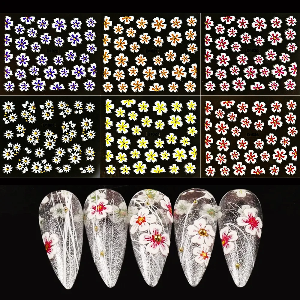 30Pcs/6*5cm Colorful Flower Nail Art Stickers Rose/Green/Yellow Small Floret With Beads Gel Nail Decals DIY Manicure Decorations