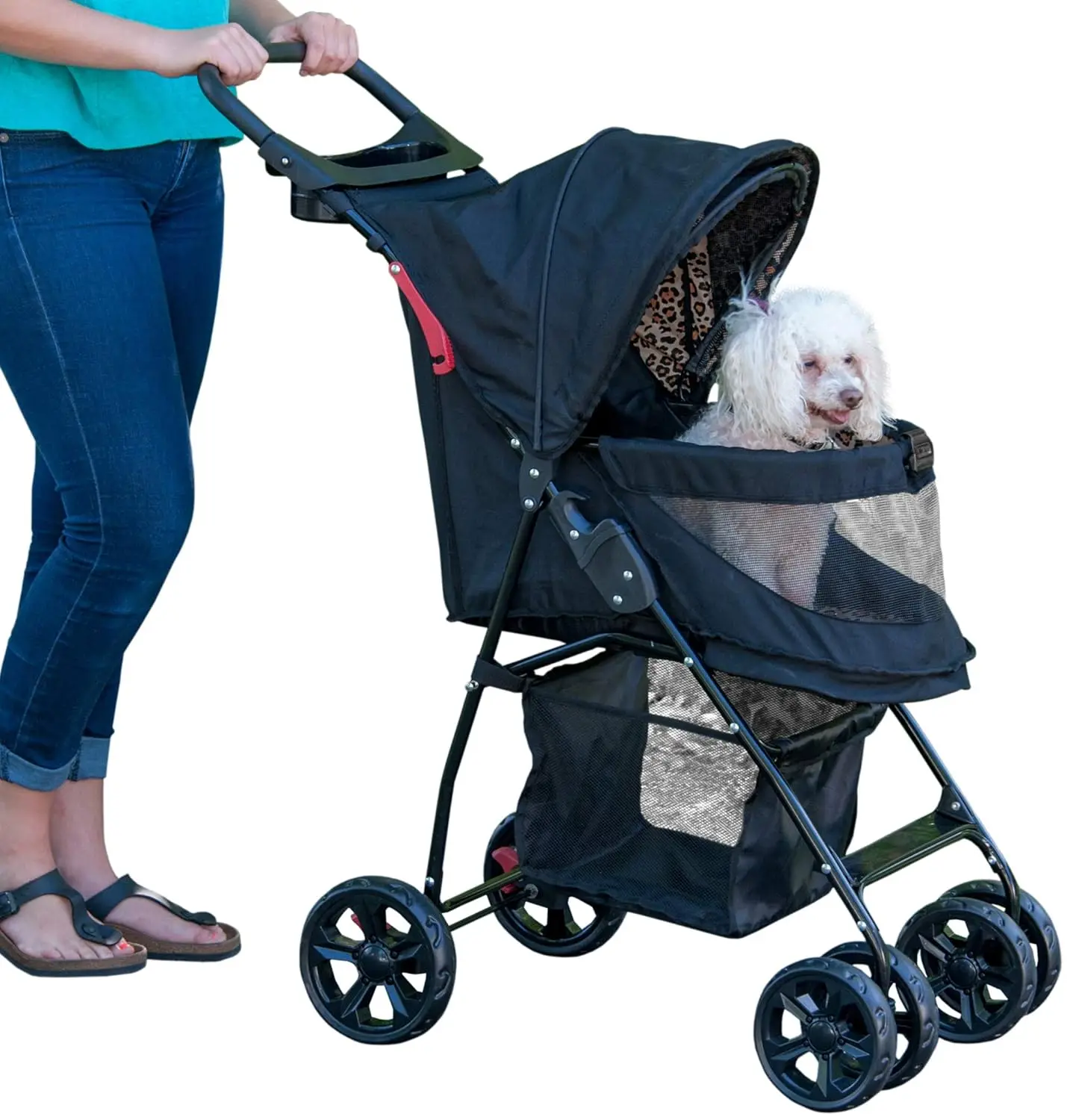 

No-Zip Pet Stroller for Cats/Dogs, Easy Fold, Removable Liner, Safety Tether, Storage Basket & Cup Holder, 4 Colors