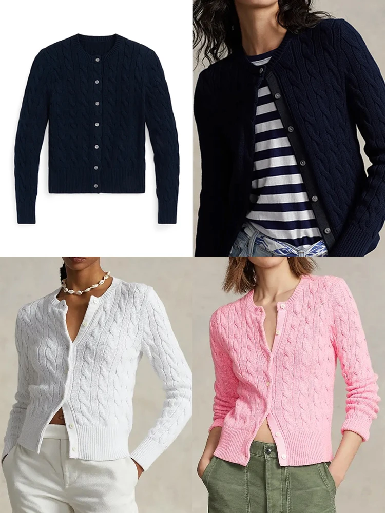 Autumn Winter New Sle Pure Color Twist Knit Sweater Cardigan White Pink Deep Blue Cotton Knitted Top Coat Women's Faion