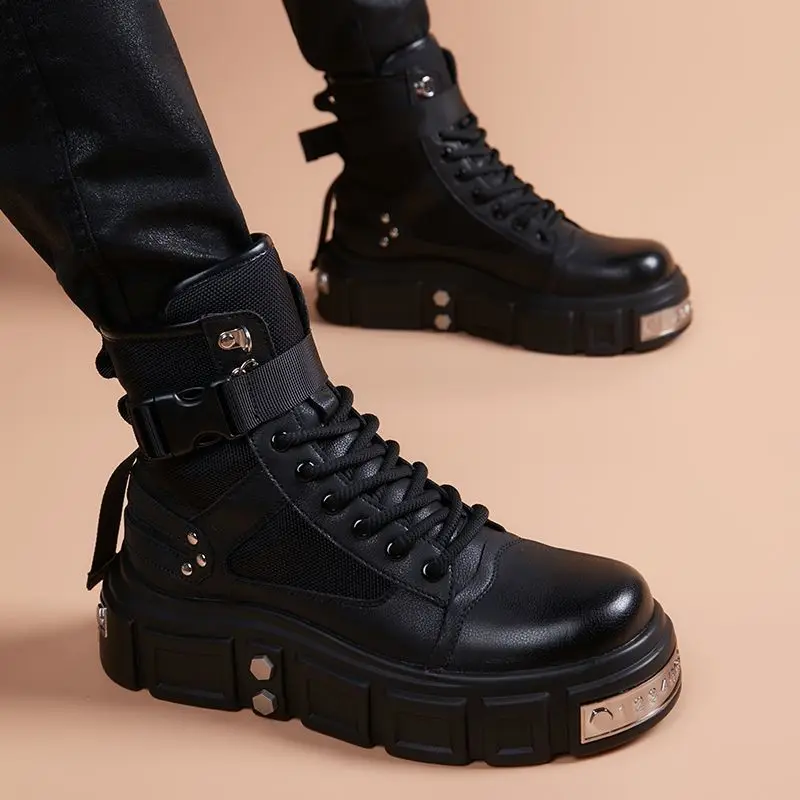 

2025 Thick-soled Heightening Men's Punk Style Lace-up Couple Locomotive British Big-toed High-top Leather Boots