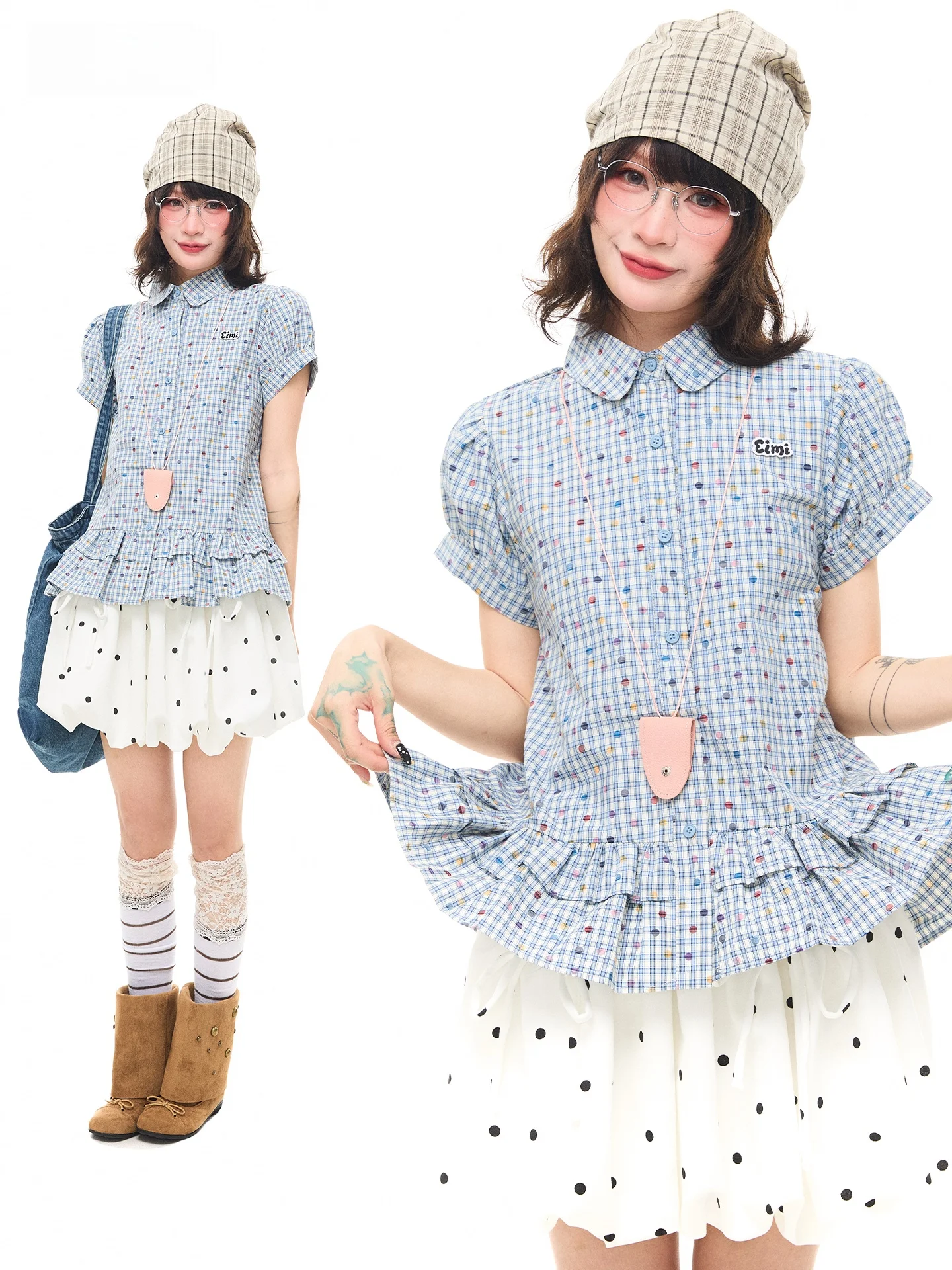 

Sanowers Korean Style Short Sleeve Printed Bubble Sleeve Pleated Collar Women's Summer Shirt Floral Lace Hem Loose Fit Cotton...