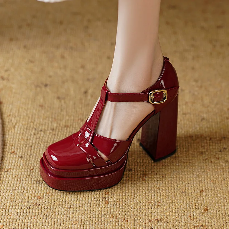 

12CM Burgundy Mary Jane Design Cover Toe Buckle Chunky Heels Sandals Women Fashion Shoes High Zapatos Mujer Leather Luxury NEW