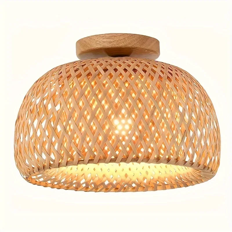 

E26/E27 Socket Semi-Flush Mount Ceiling Lamp Bohemian Hand-Woven Bamboo Ceiling Fixture for Residential & Commercial Decor