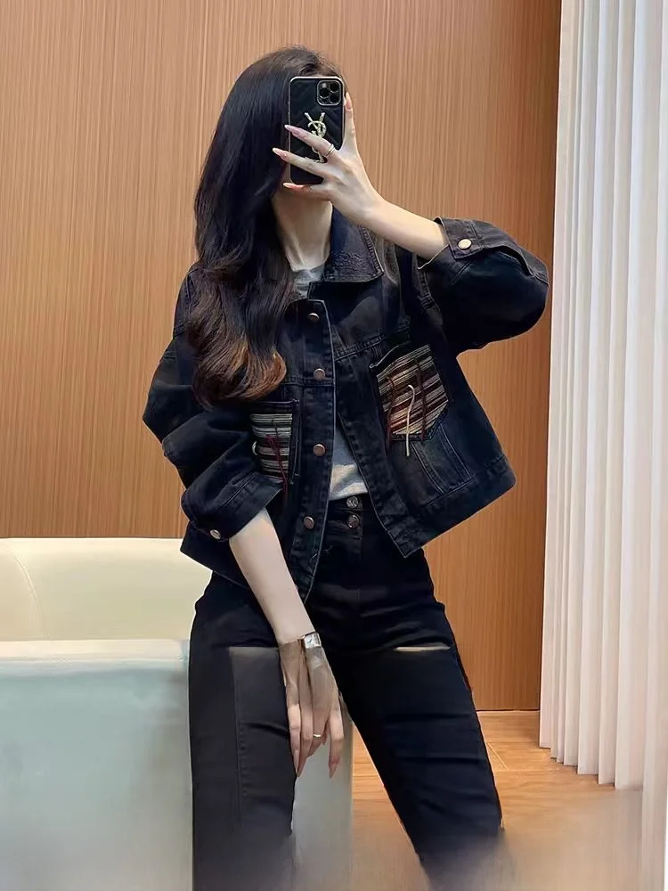 Women's Short Denim Jacket Tag Removed American High Street Design Sensation Top Commute Style Loose Fit Long Sleeve