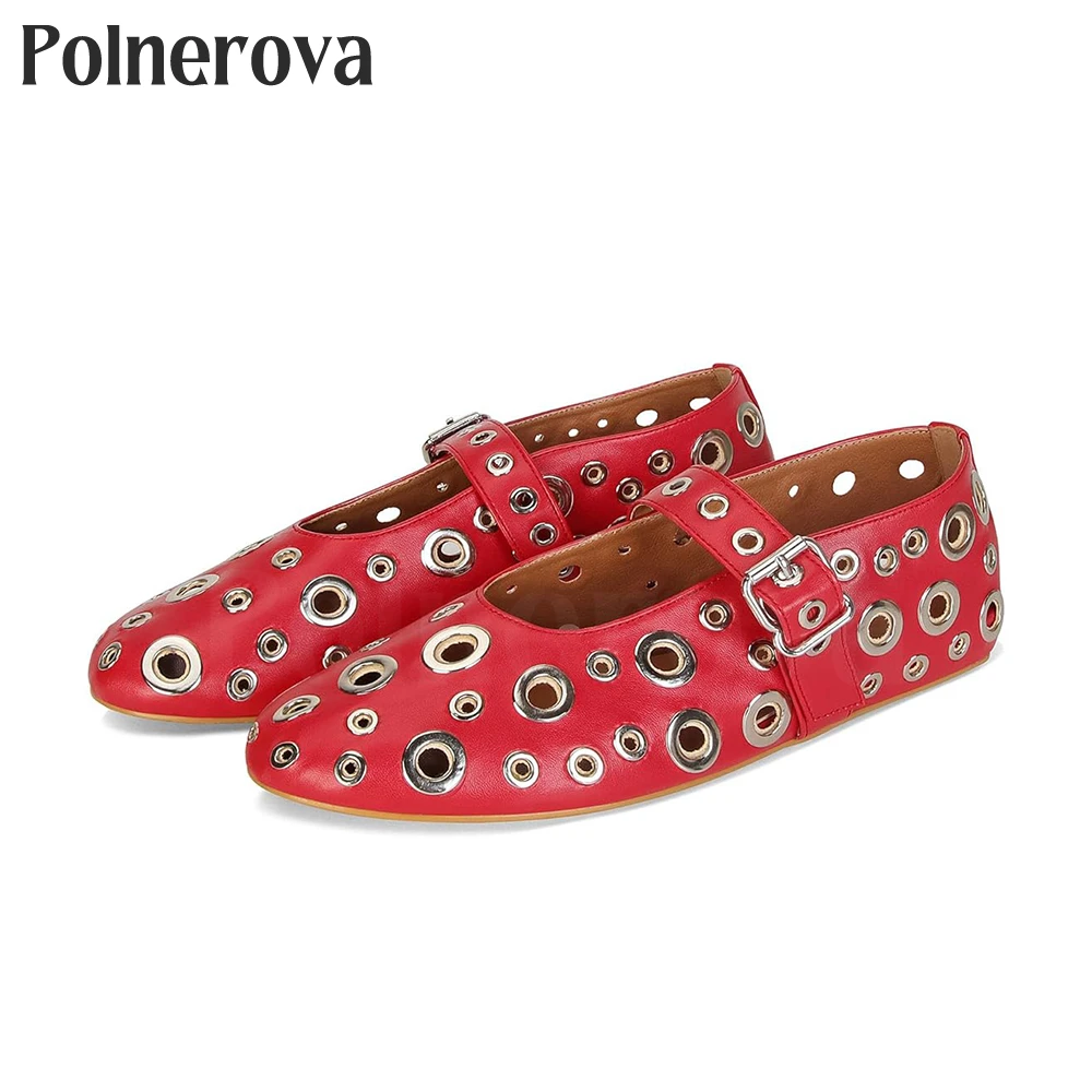 Green Leather Metallic Holes Ballerinas Front Buckle Comfort Flat Shoes Women Fashion Punk Style Silver Accessories Flat Shoes