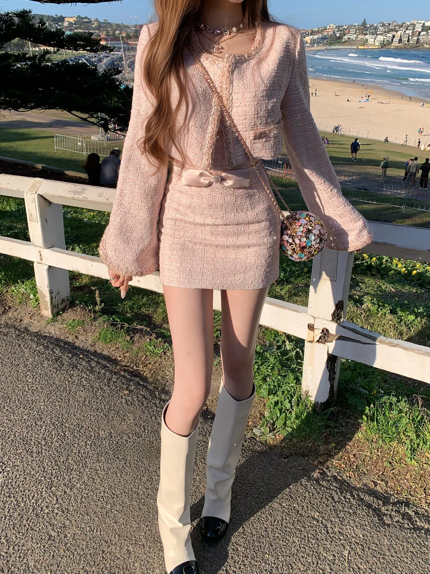 Style Two-Piece Set Women's Autumn New Unique High-End Coat  Knot Dress Set Youthful Reduction Fashionable