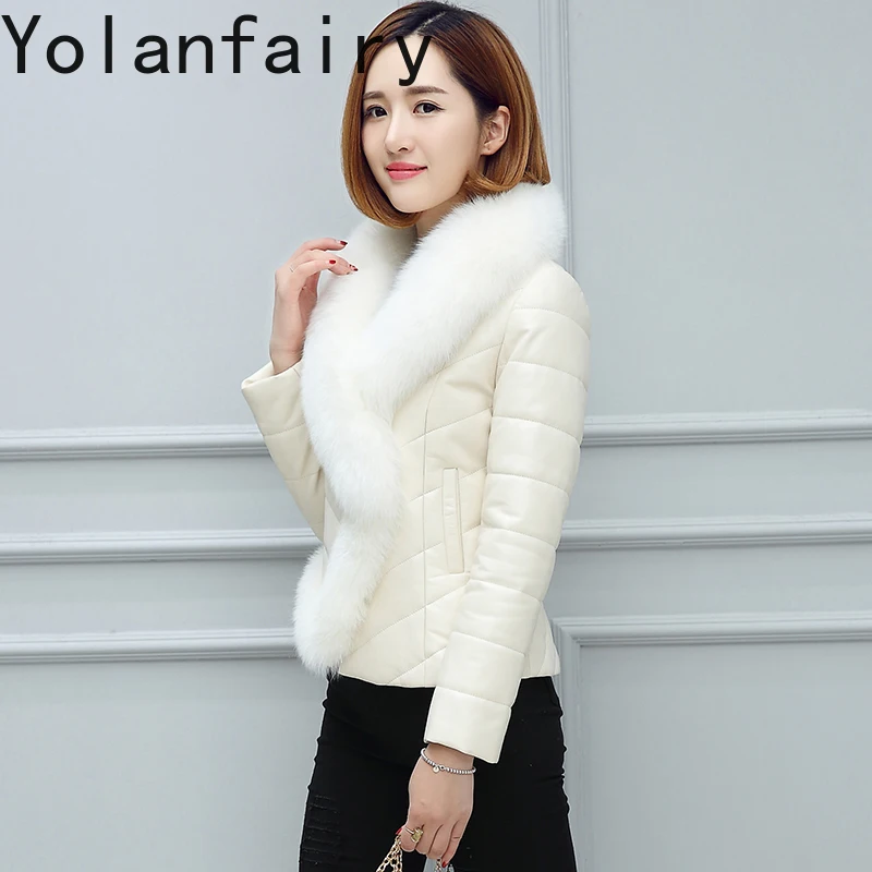 YOLANFAIRY معطف قطني من جلد الغنم الحقيقي للنساء لخريف وشتاء 2025 سترة من الجلد الطبيعي للسيدات بياقة من فرو الثعلب سترات دافئة قصيرة