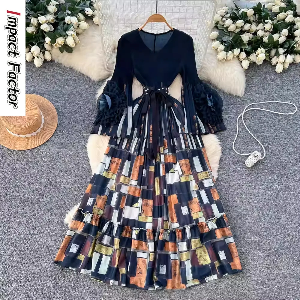 

Miyake Vacation, французское ретро-платье с роговыми рукавами и бисером, женское тонкое длинное платье А-образной формы с длинными рукавами и v-образным вырезом на талии