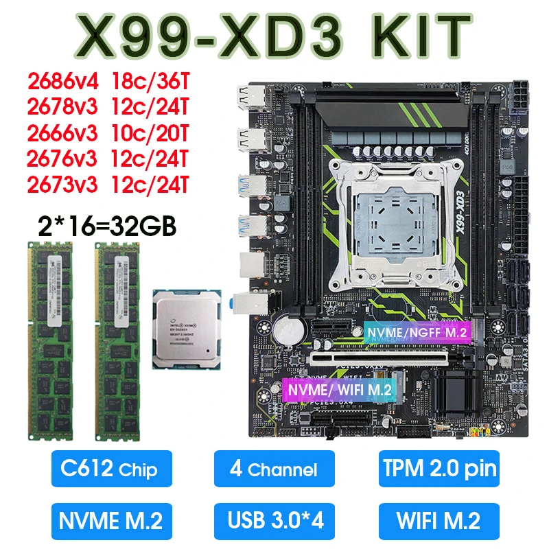 X99 DDR3 TPM 2.0 PIN Motherboard Combo kit Xeon E5 2673 2676 2666
