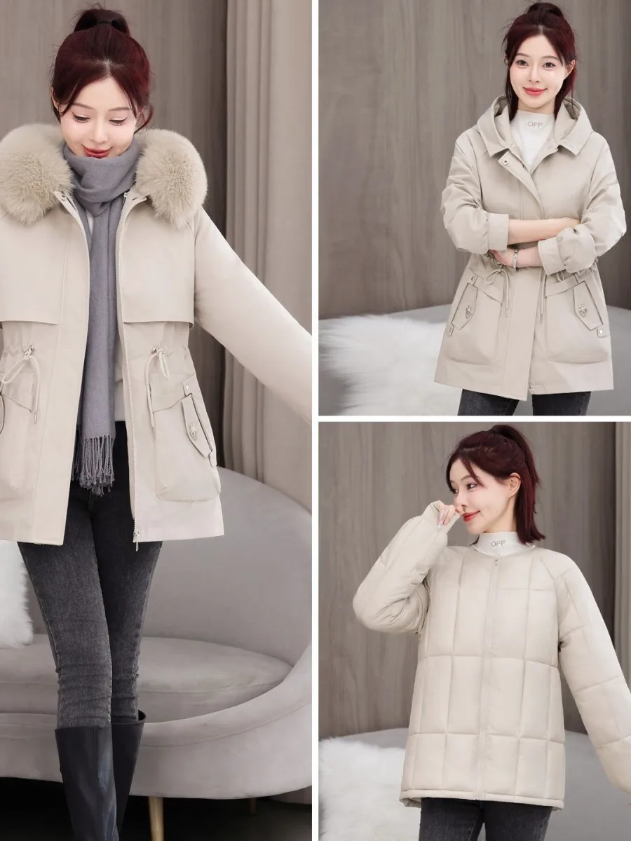 detachable-tee-way-wear-women's-mid-length-cotton-jaet-waist-cinching-winter-clothing-two-piece-set-removable-hood