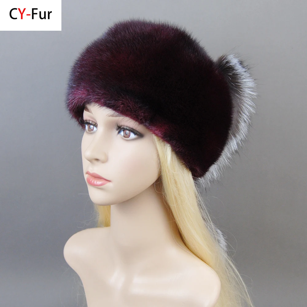 

Women Winter Real Mink Fur Hats Russian Female Fur Hat With Ears Knit Beanie With Pom Poms Newsboy Caps Ladies High Elastic Hat