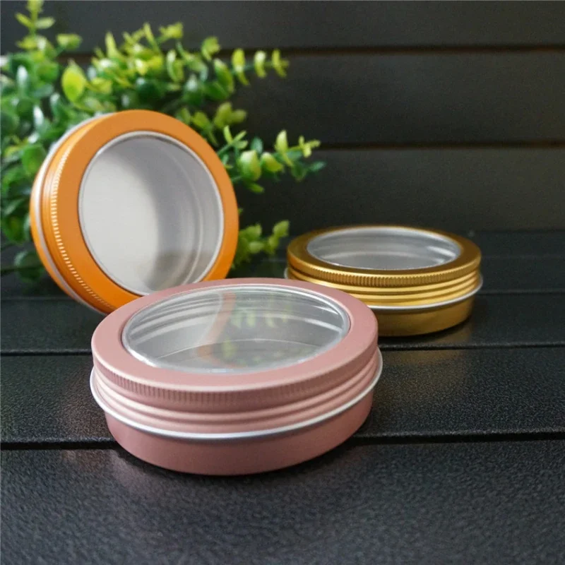 100g ML Gold Empty Round Aluminum Tin Cans Bottle with Window Lids,Pink Skylight Aluminum Box Black Cream Box Tea Aluminum Jar