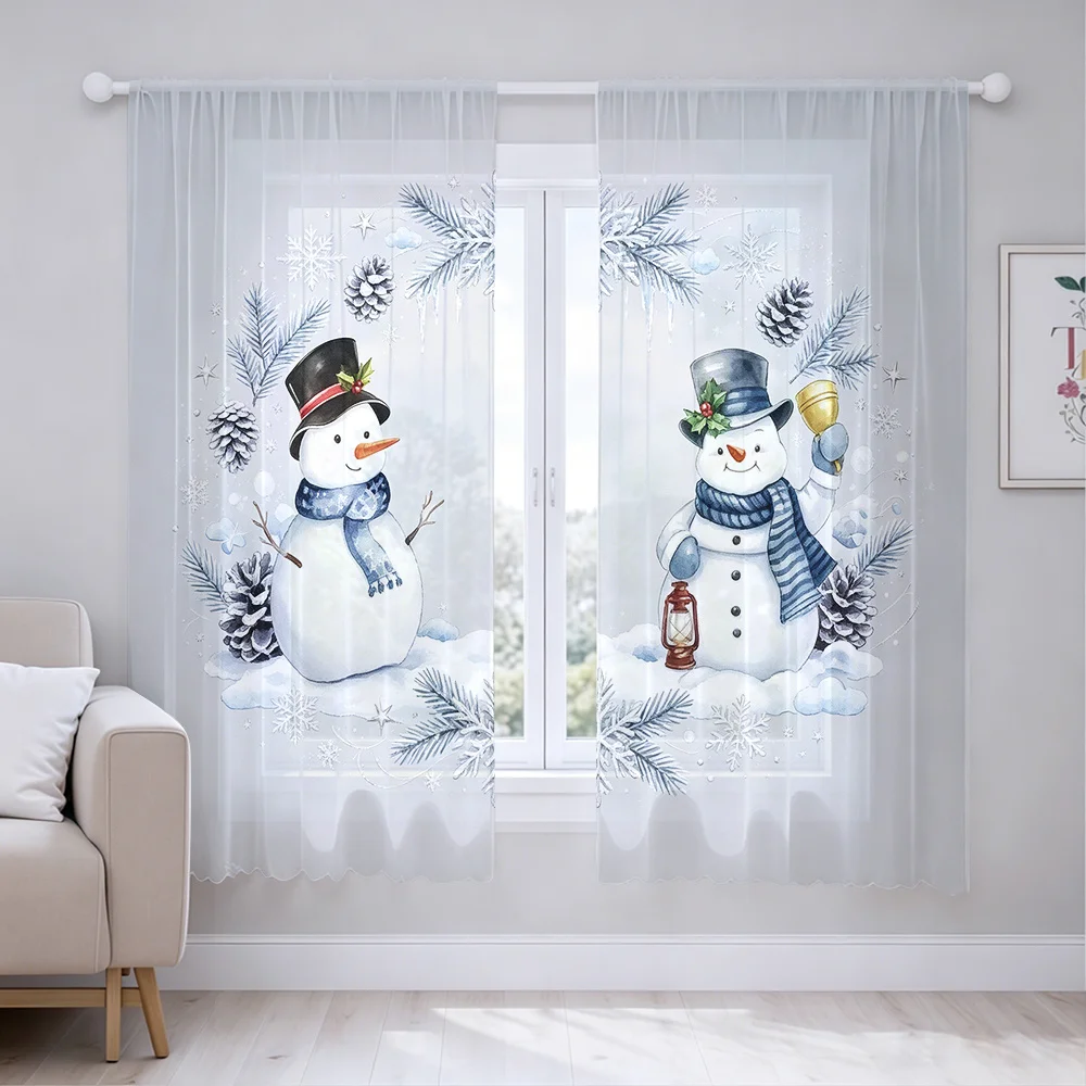 2PCS Christmas Winter Sheer Curtains, Snowman Pinecone, Digital Print, Bedroom Living Room, Rod Pocket Polyester Home Decor