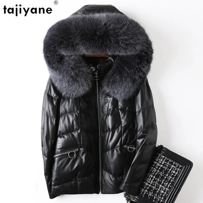 

Tajiyane Real Leather Jacket Women Genuine Sheepskin Leather Down Coats Short White Duck Down Jackets Hooded Fox Fur Collar