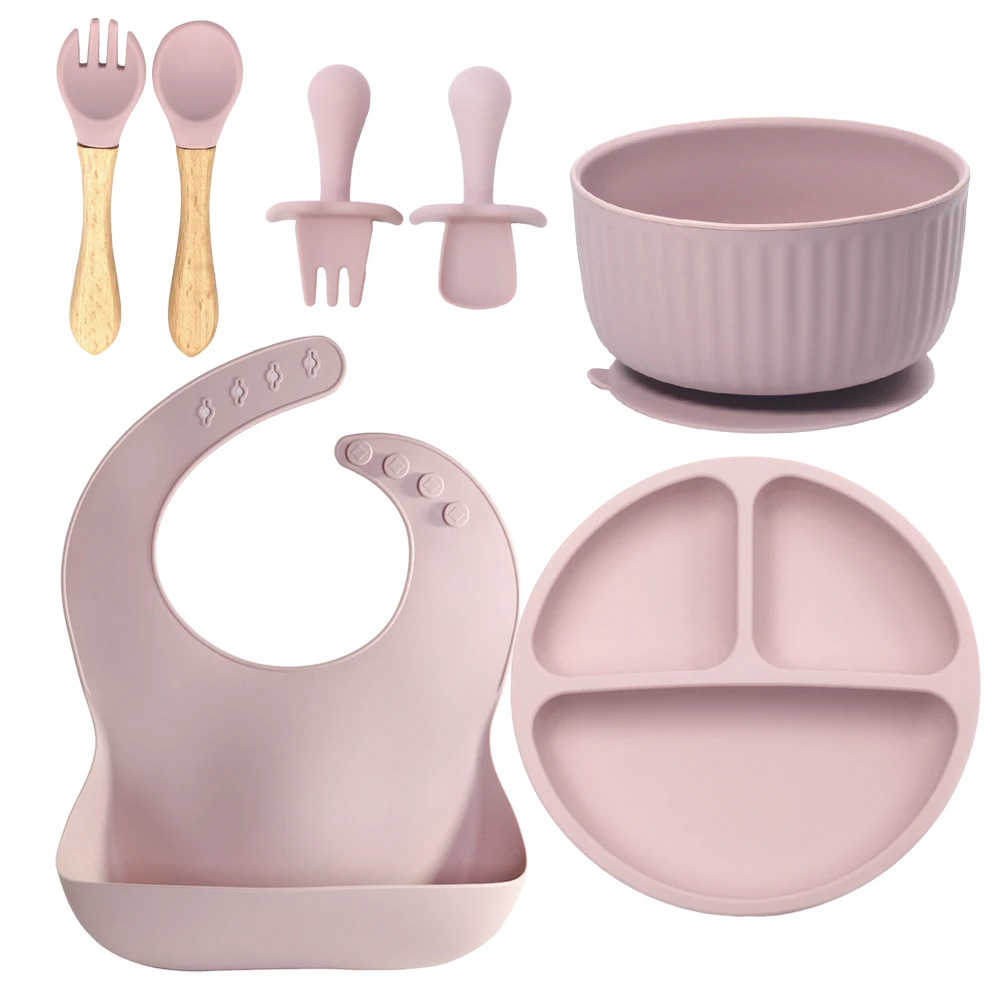 

New food grade silicone tableware 7-piece bib bowl dinner tray with suction base spoon and fork set