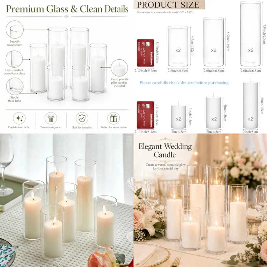 

of Pillar Candles with Clear Glass Hurricane Holders- Elegant Cylinder Candle Vases for Weddings, Parties, Centerpieces, Home a