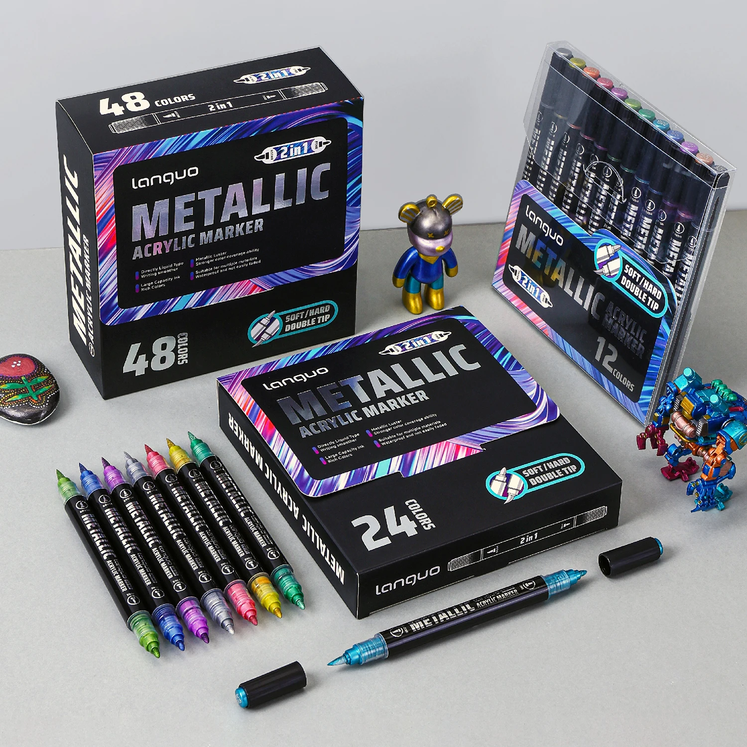 12/24/48 Color Dual-Tip Metallic Acrylic Marker Set, 2-in-1 Soft and Hard Dual Tip, Direct Liquid Smart Ink Control System for Smoother Ink Flow, Coloring, Outlining, Model Making, Drawing, Writing, Marking, Diy..