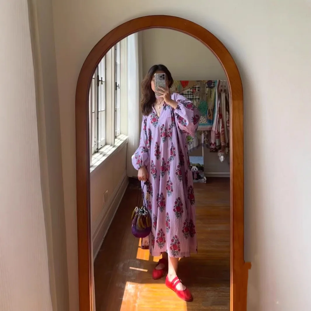 

Loose Long Lantern Sleeve Dress Country Style Striped Floral Early Autumn New Arrival Women's Cotton A-Line Dress