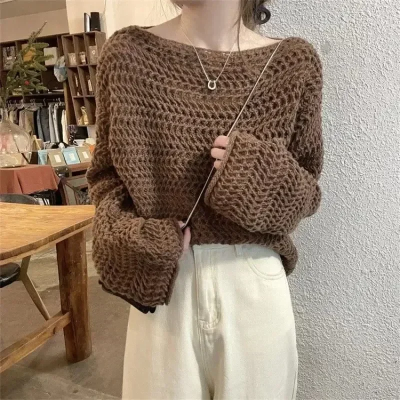 

TKNOLEGE Spring Autumn New Fashionable and Simple One Line Neck Hollow Jacquard Loose Relaxed Lazy Solid Knit Pullover Sweater