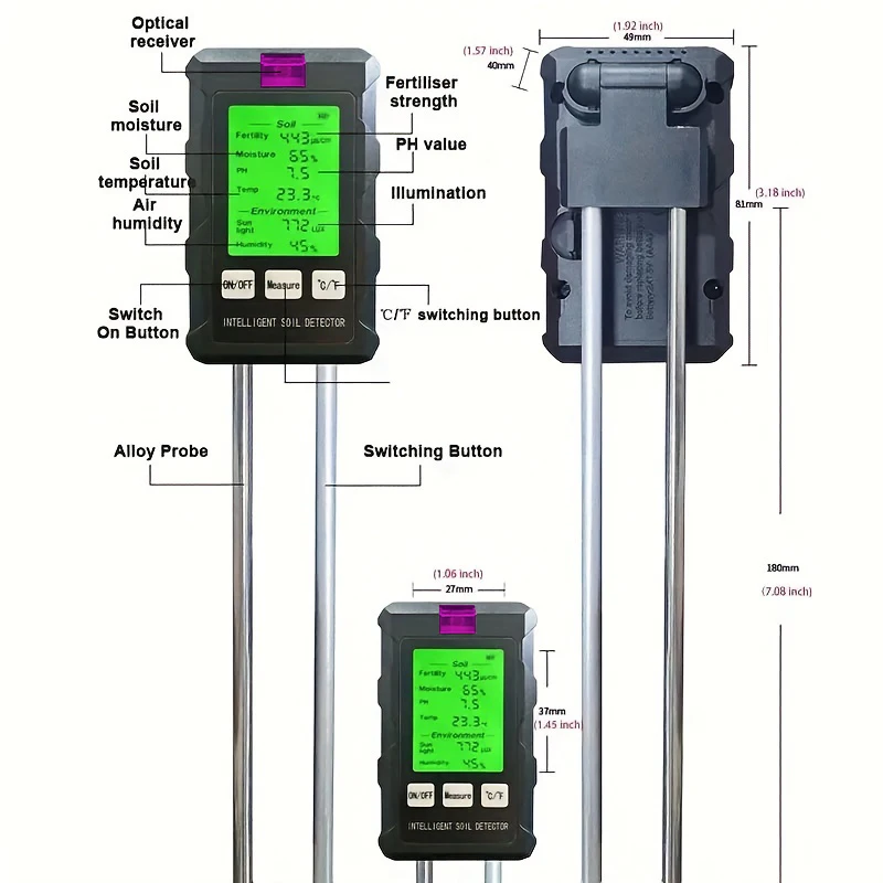 Digital 6 in 1 Soil PH Meter Fertility Soil Moisture Sunlight Ambient Humidity Temp Tester Monitor Detector Garden Soli Analyzer