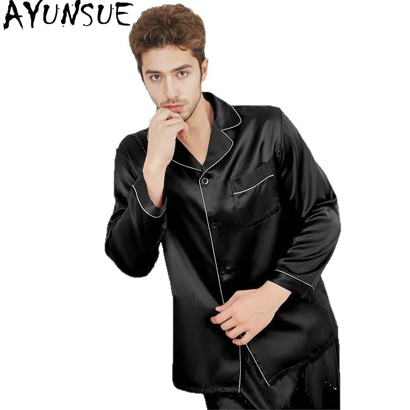 AYUNSUE 16MM Natural Mulberry Silk Sleepwear Men Home Clothes Pajama Set Spring Summer Long Sleeve Top Pants Male