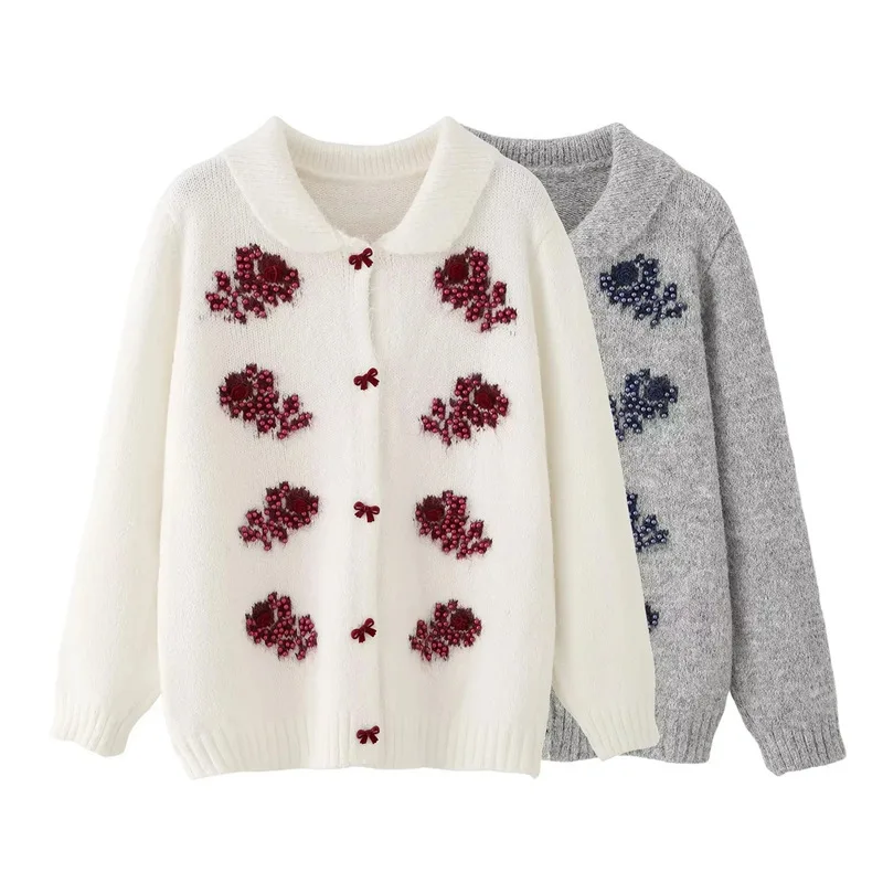 

2025 Winter Women's Korean-Style Floral Embroidery Knit Cardigan Loose Slouchy Design Casual Versatile Sweater Jacket Tops