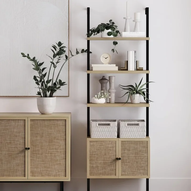 Open Bookshelf with Rattan Drawers and Matte Steel Frame, Light Oak/Black Theo Ladder 3 tier