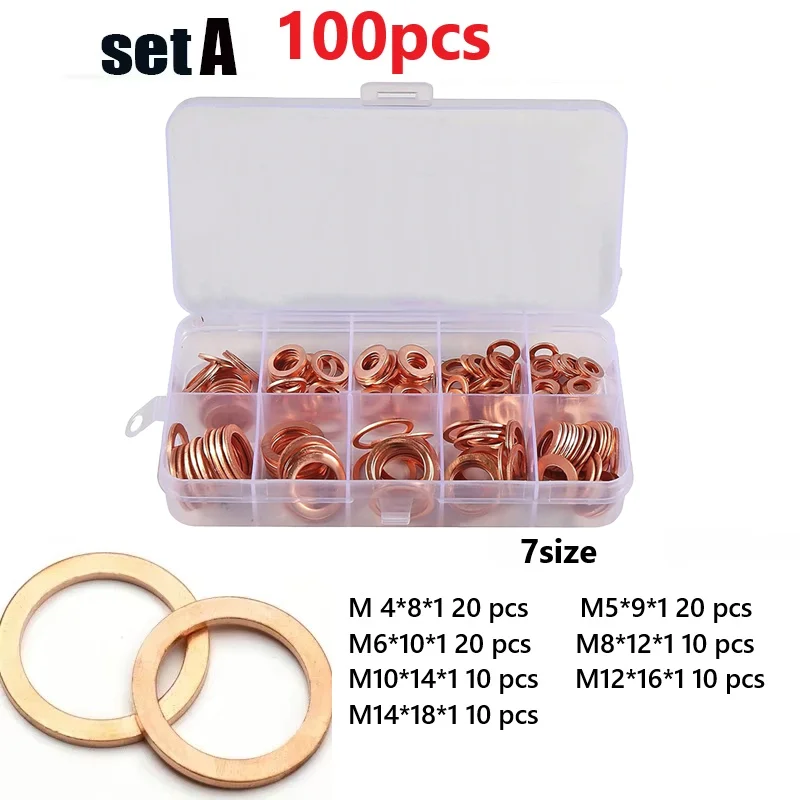 50/100/120pcs O-Ring Copper Flat Washer Gasket With Box Kit M4-M14 Flat Ring Seal For Electrical Appliances Sump-Plugs Parts