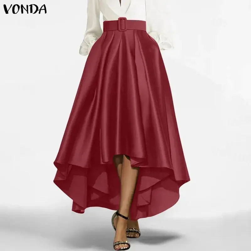 Plus Size 5XL VONDA Women Asymmetrical Maxi Skirts Fashion Satin Bottoms Solid Elegant Belted High Waist Long Jupes Faldas Saia view 5