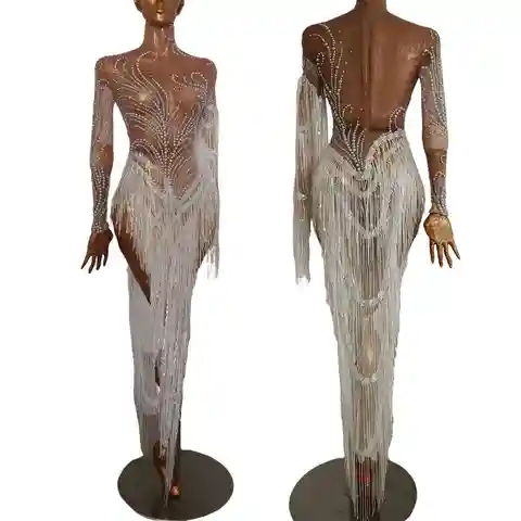 Beyaz İnciler Uzun Payetler Püskül Mini Elbise Festivali Kutlamak Örgü Asimetrik Elbise Parti Dans Gösterisi Giyim Fumao
