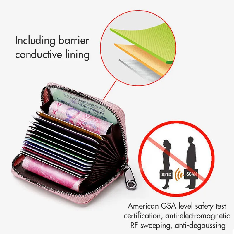 RFID Cowhide Organ Style Card Holder Zipper Card Bag Women Mini Multi-function Coin Purse Multi-card Document Package  ID folder