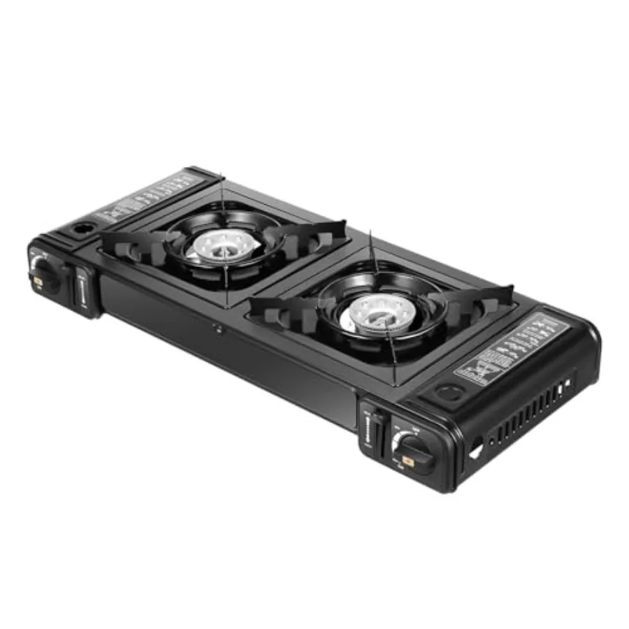 

Портативная походная плита с 2 конфорками и поддоном для гриля и чехлом для переноски приготовления пищи на открытом воздухе и гриля 2 в 1 бутановая варочная панель с Au