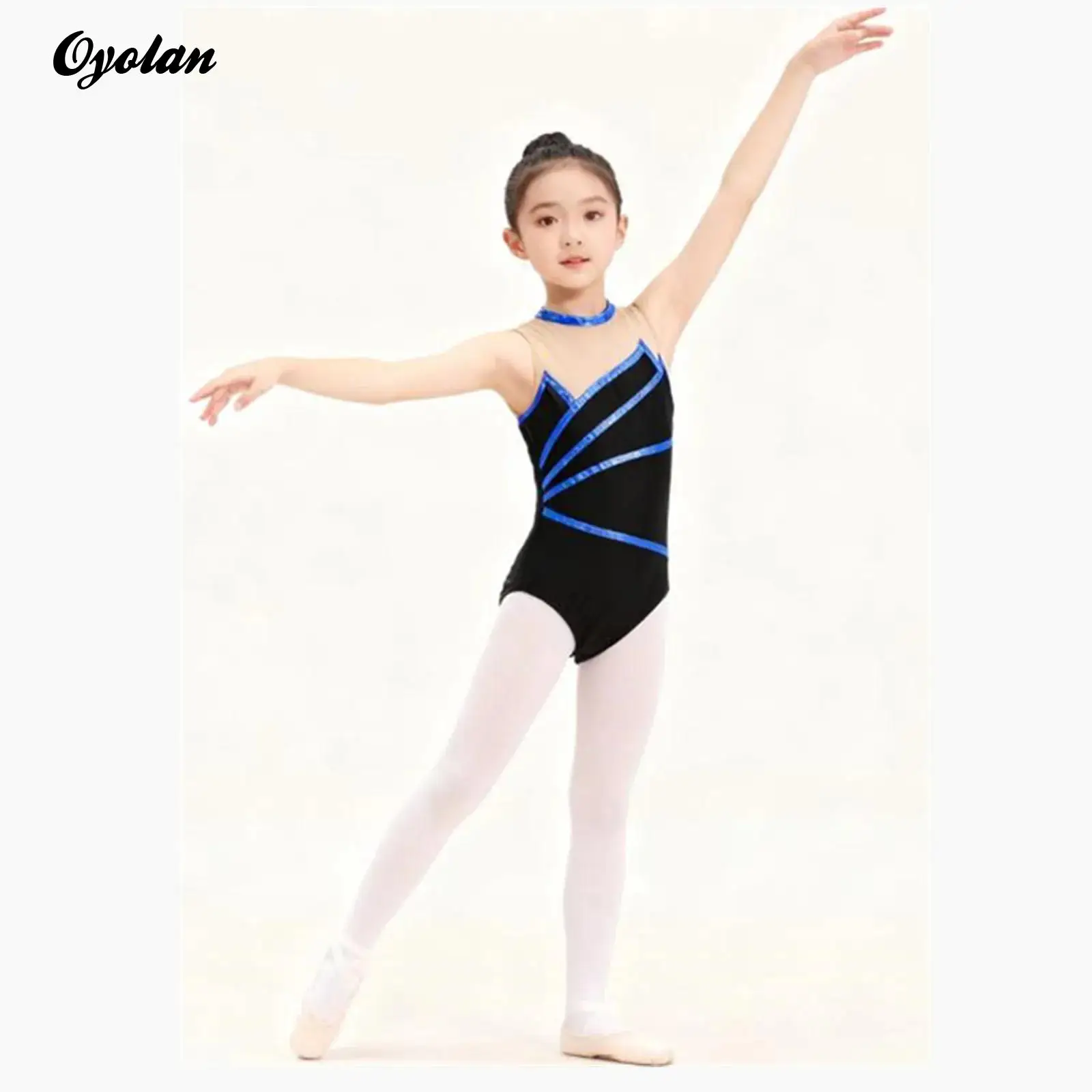 

Kids Girls Gymnastics Leotard Artistic Figure Skating Dance Costume Sheer Mesh Bodysuit Rhythmic Gymnastics Jumpsuit Dancewear