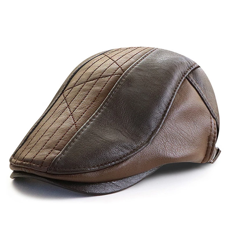 PU Leather Beret Hats Men Autumn Winter Faux Leather Herringbone Visor Middle-aged Men\'s Warm Flat Peaked Cap Adjustable