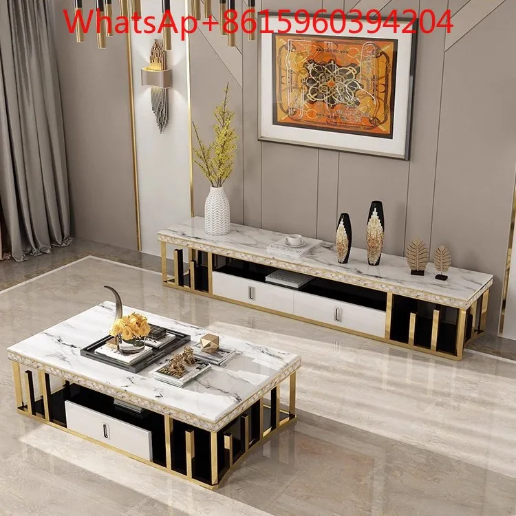 

Комбинация журнального столика и тумбы под телевизор в стиле лёгкой роскоши. Современный, простой дизайн для небольшой квартиры. Мраморный комплект для гостиной: тумба под телевизор и журнальный столик.