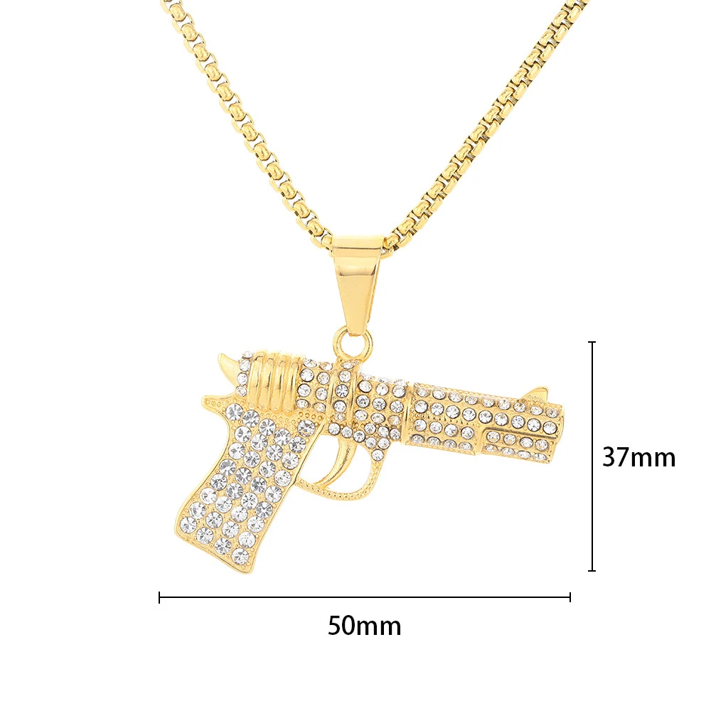 Punk Pistol Gun Iced Out Shiny Zirconia Pendant Gold Color Stainless Steel Soldier Necklace Man Hippie Military Trendy Jewelry
