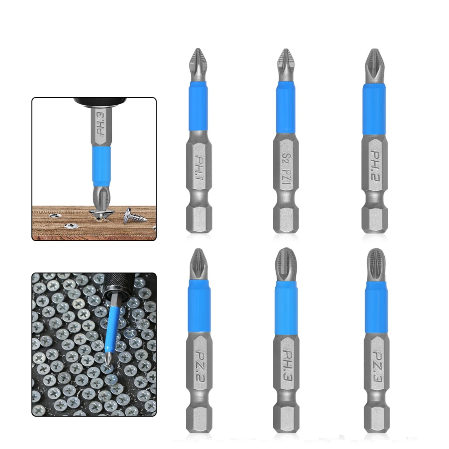 Non Slip High Quality 6Pcs Hex Shank Screwdriver Bit Set with PH1/PH2/PH3/PZ1/PZ2/PZ3 - Phillips/Cross Drill Bits