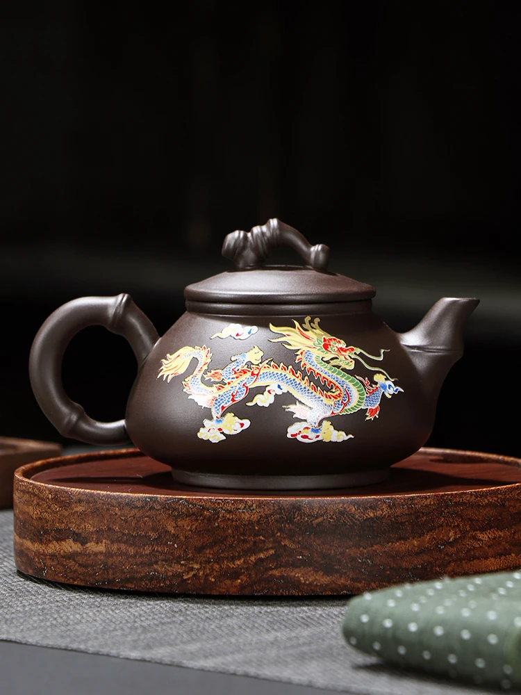 Handmade Dragon Phoenix Purple Clay Tea Pot Set with Heat-Sensitive Color Changing Feature and Palace Style Design