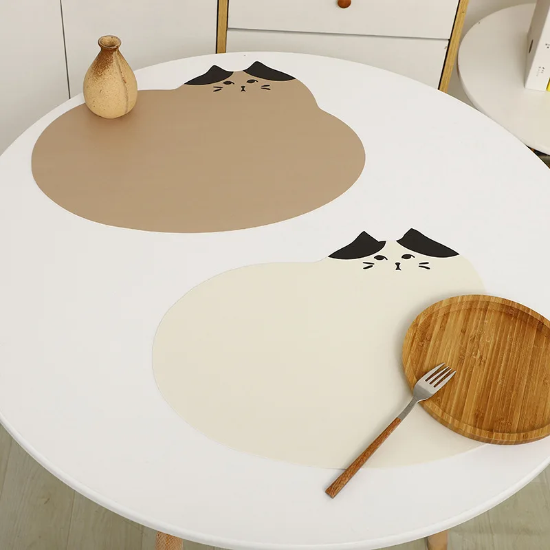 Leather Cute Pink Cat Dining Table Placemat Water Proofing Oil Proofing Heat Insulated Pad Non-slip Mouse Pad Coffee Drink Pad