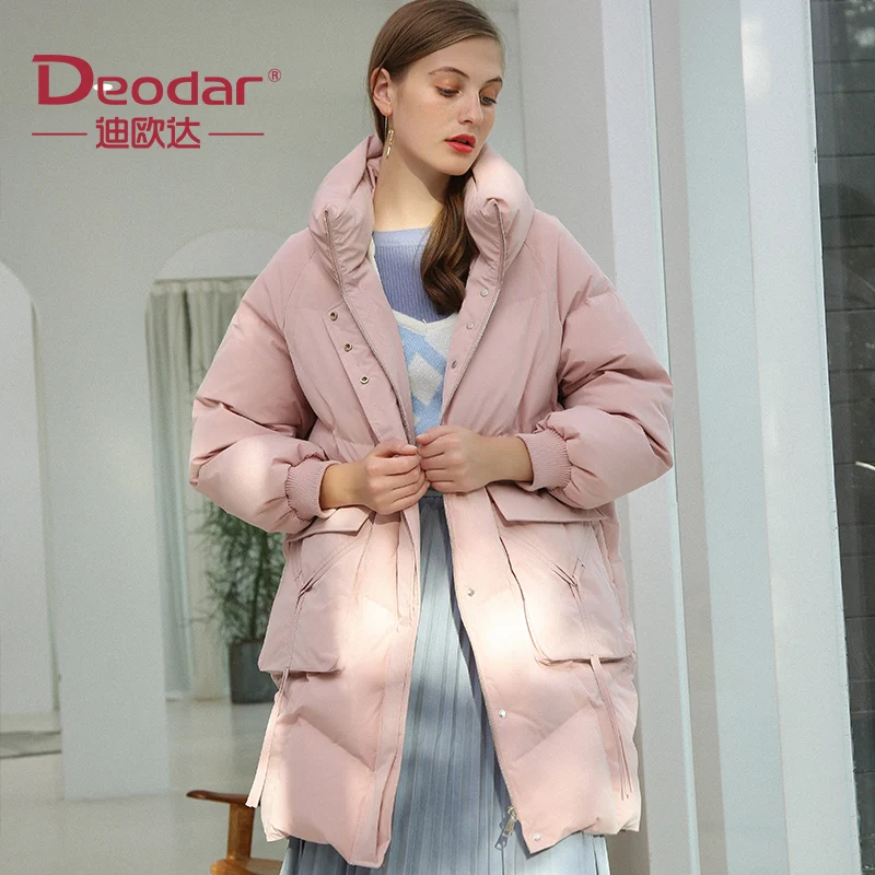 DEODAR-Chaqueta de plumón de pato blanco para mujer, abrigo largo con capucha, ropa de invierno, holgada, gruesa, de una sola botonadura