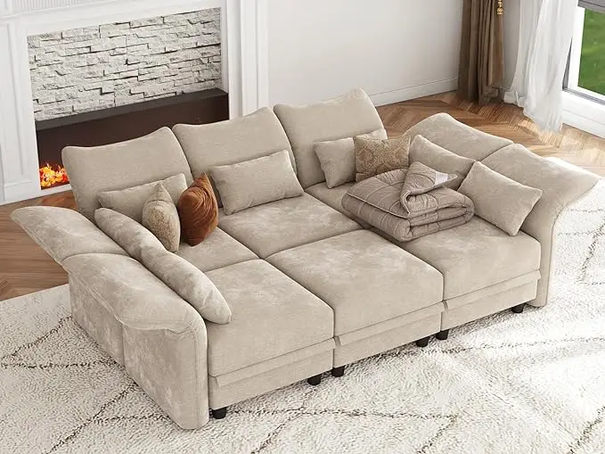 Chenille Modular Sectional Sofa Sleeper with Storage Ottoman, 102.2 Inch Sectional Couches with Adjustable Armrest