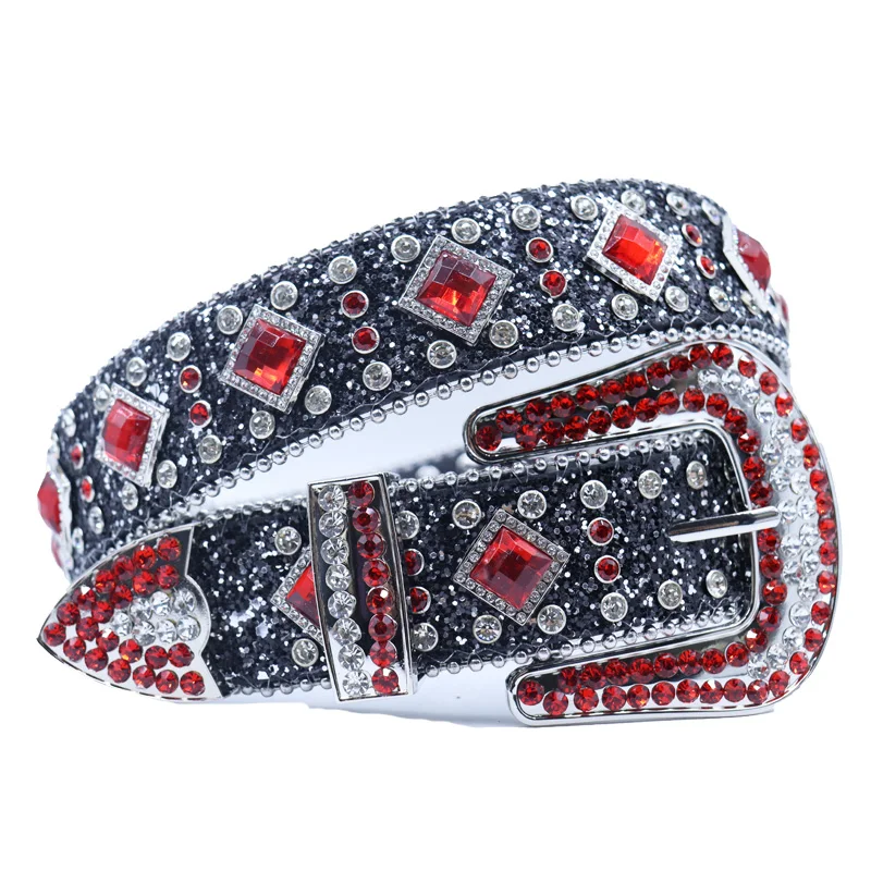 Gold Silver Red Big AB Stones Casual Men Women Unisex Western Cowboy Rhinestone Belt Studded Diamond Leather Belt