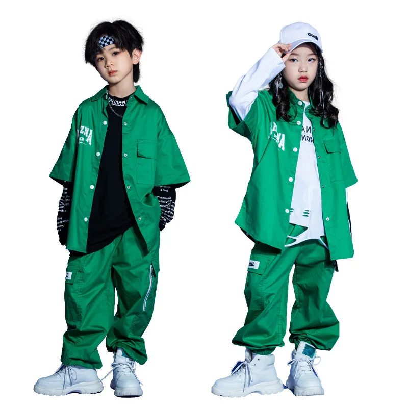 ห้องบอลรูมHip Hop Danceเครื่องแต่งกายสําหรับสาวสีเขียวเสื้อกางเกงKpopชุดเด็กStreetwear Jazz Stageเสื้อผ้า