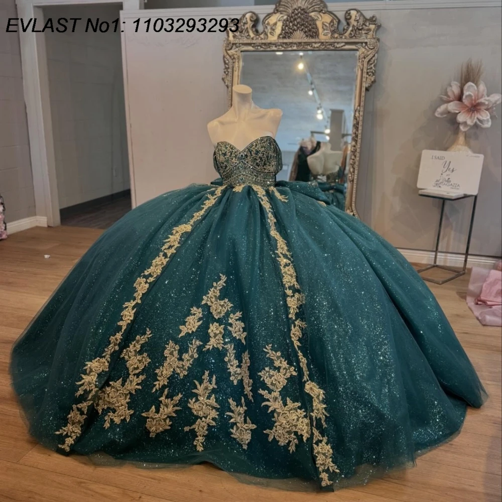 

EVLAST Customized 2025 Dark Green Quinceanera Dress Ball Gown Gold Lace Applique Beading Bow Sweet 16 Vestido De 15 Anos E1Q406