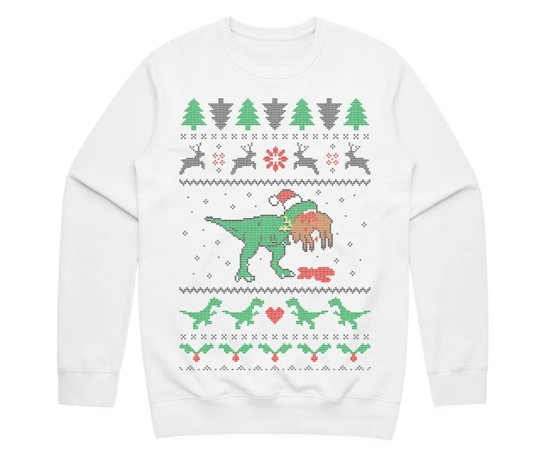 تي ريكس أكل الرنة البلوز عيد ميلاد سعيد TRex ديناصور الجوراسي مضحك القبيح هدية عيد الميلاد طويلة الأكمام البلوز للجنسين