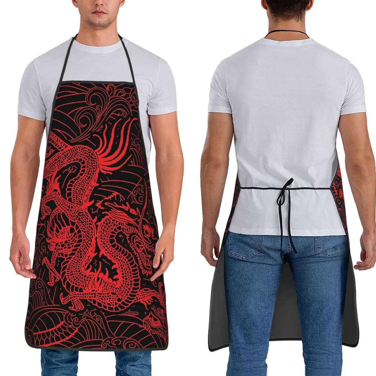 Chinese Red Dragon Pattern Black Background Apron Chef Cuisine Tablier Bib Kitchen Cleaning Pinafore for Women Men Painting