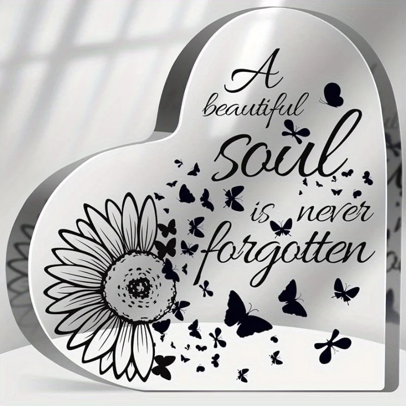 2D Flat, Heart-Shaped Sympathy Memorial Gift - Beautiful Soul Never Forgotten - Funeral Decor, Bereavement Keepsake with