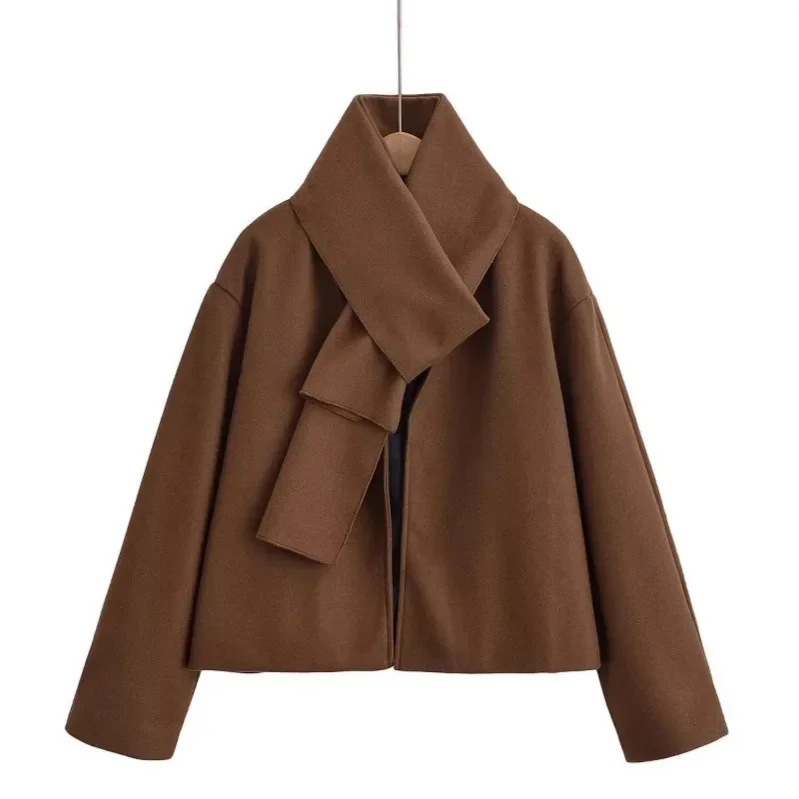 

Decorative Scarf Opening Lapel Ladies Outerwear Fashionable Women's Woolen Coat Spring Summer New Style V-Neck Full Sleeve