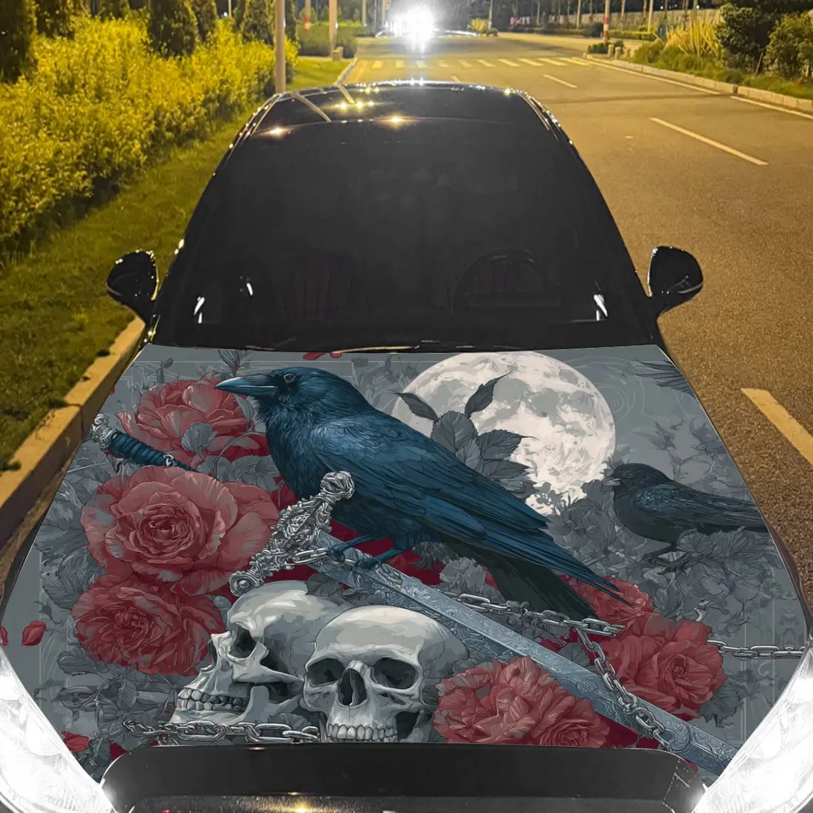 

Mysterious Night: Raven, Sword, Skull and Flower Car Vinyl Wrap, PVC Material Waterproof Car Hood Sticker, Self-Adhesive Scratch